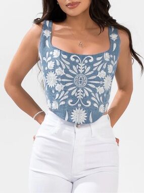 Embroidered Blue Square-Neck Tank Top